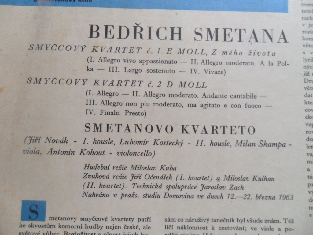 LP BEDŘICH SMETANA / SMYČCOVÉ KVARTETY č.1 e moll, č.2 d moll 