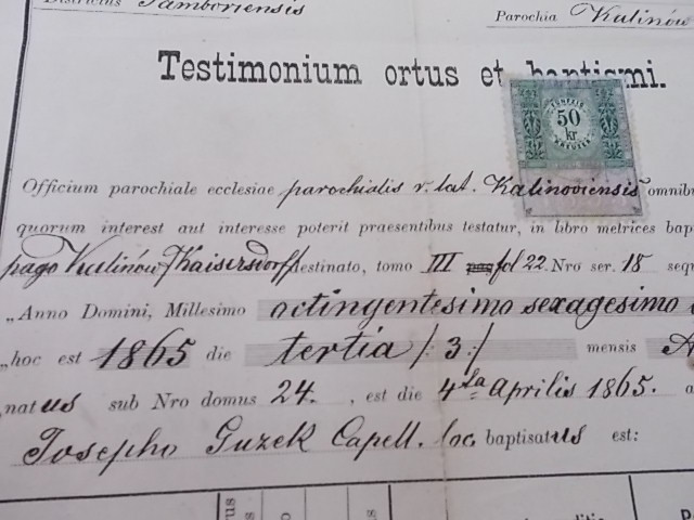 TESTIMONIUM ORTUS ET BAPTISMI (1865)