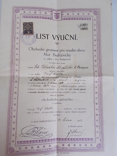 LIST VYUČNÍ OD OBCHODNÍHO GREMIA V MOR. BUDĚJOVICÍCH