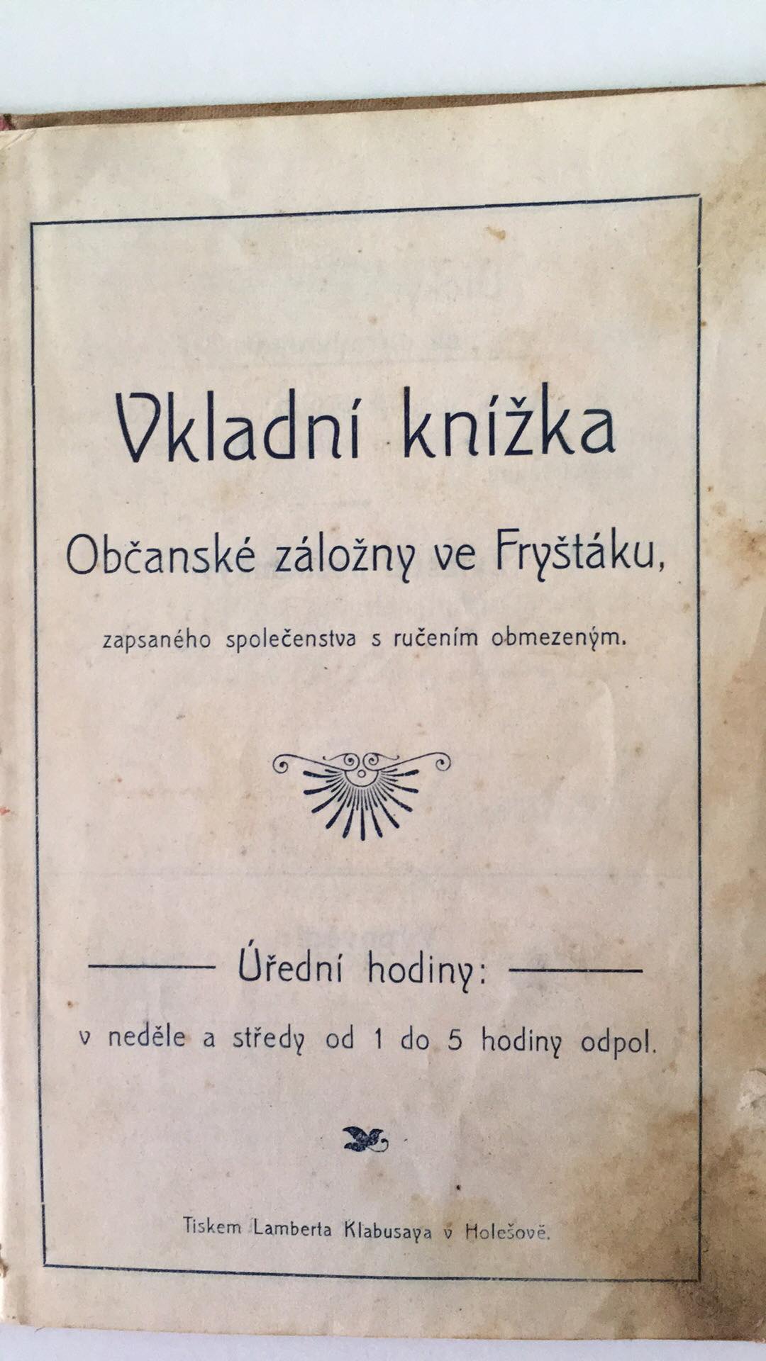 Vkladní knížka občanské záložny ve Fryštáku