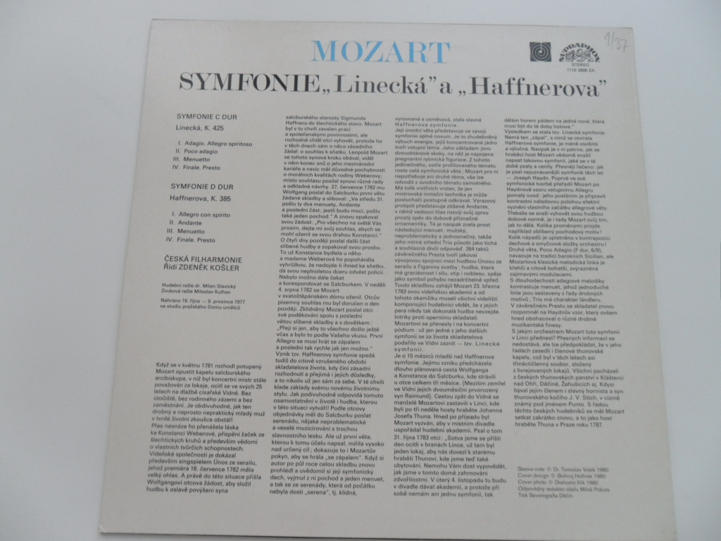 LP MOZART ( SYMPFONIE,,LINECKÁ a ,,HAFFNEROVÁ)