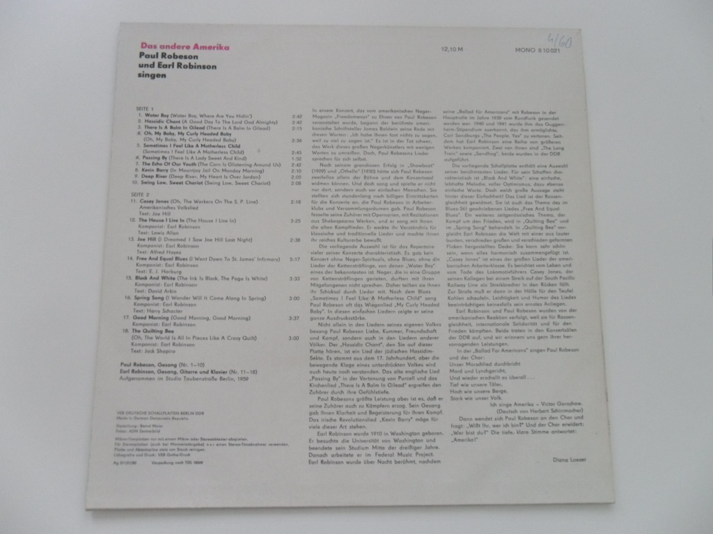 LP DESKA - PAU ROBESON UND EARL ROBINSON SINGEN (DAS ANDERE AMERICA) 