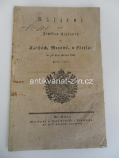 ZŘÍZENÍ PRO ZEMSKOU ČELÁTKU  ( V ČECHÁCH, MORAVĚ A SLEZKU  / JOSEF II.) 1782